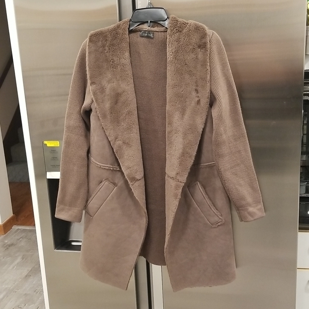 💕LOVE TOKEN💕 Faux Fur Wide Collar Knit Trench Jacket Coat ~ Taupe Brown